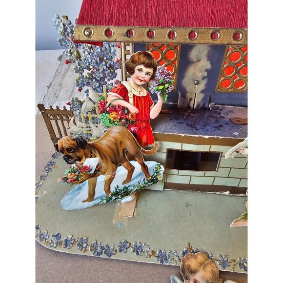 Antique Valentine 3D die cut card dog girl boy Germany cardboard‎ cutout - Picture 4 of 11